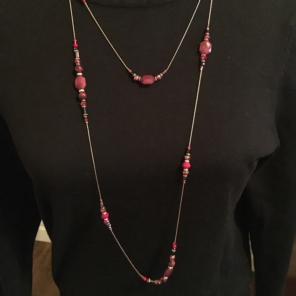 Ruby red and bronze beaded illusion necklace